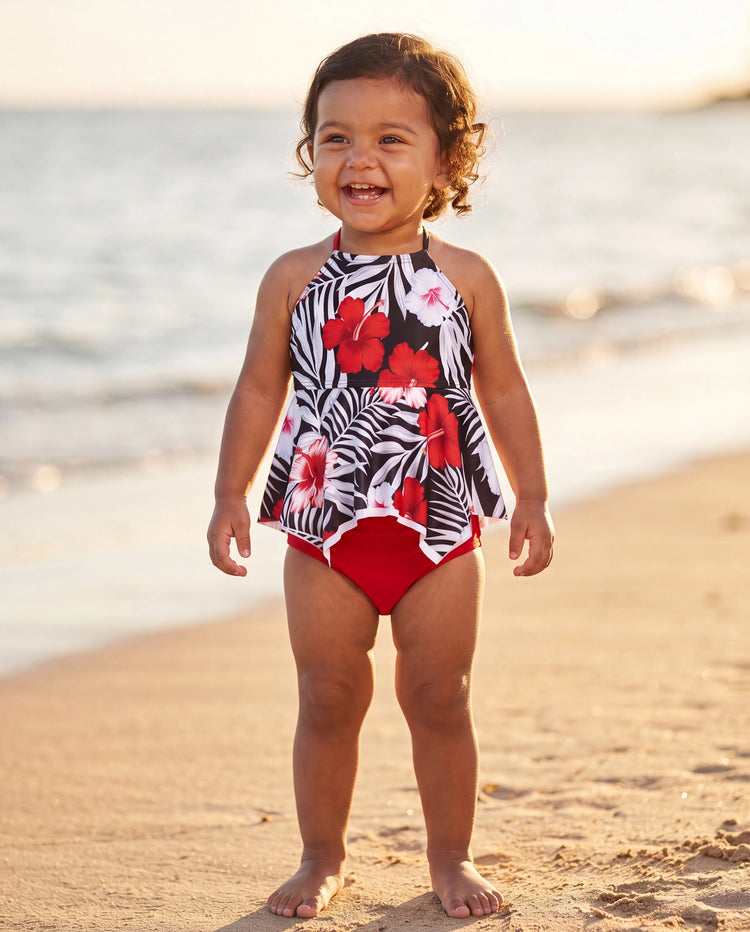 Bañador de dos piezas halter con flores tropicales para niña pequeña Negro