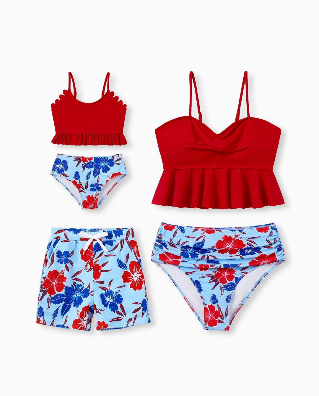 Ropa de baño para mamá y yo, conjunto de bikini y bañadores con estampado floral para mamá, papá y niños, perfecto para días de playa y fiestas en la piscina Rojo