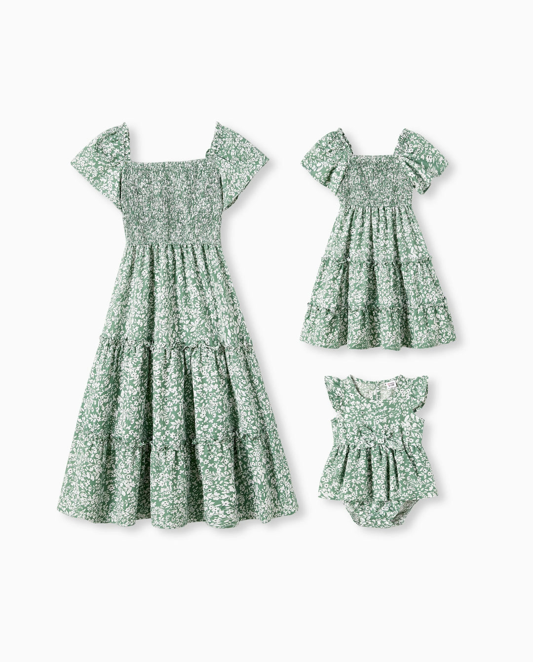 Conjuntos Elegantes de Mamá y Yo con Estampado de Flores Roto para Familia, Diseño con Fruncido, Grosor Medio Verde