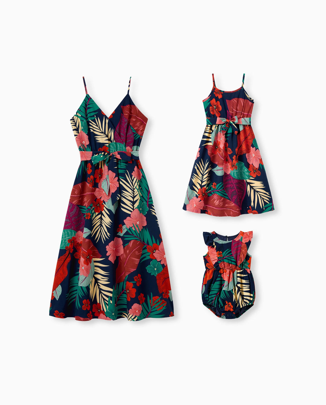 Mommy and Me Family Matching Sets Floral Panel Black tee and V-neck Strap Dress with Hidden Snap  Deep Blue