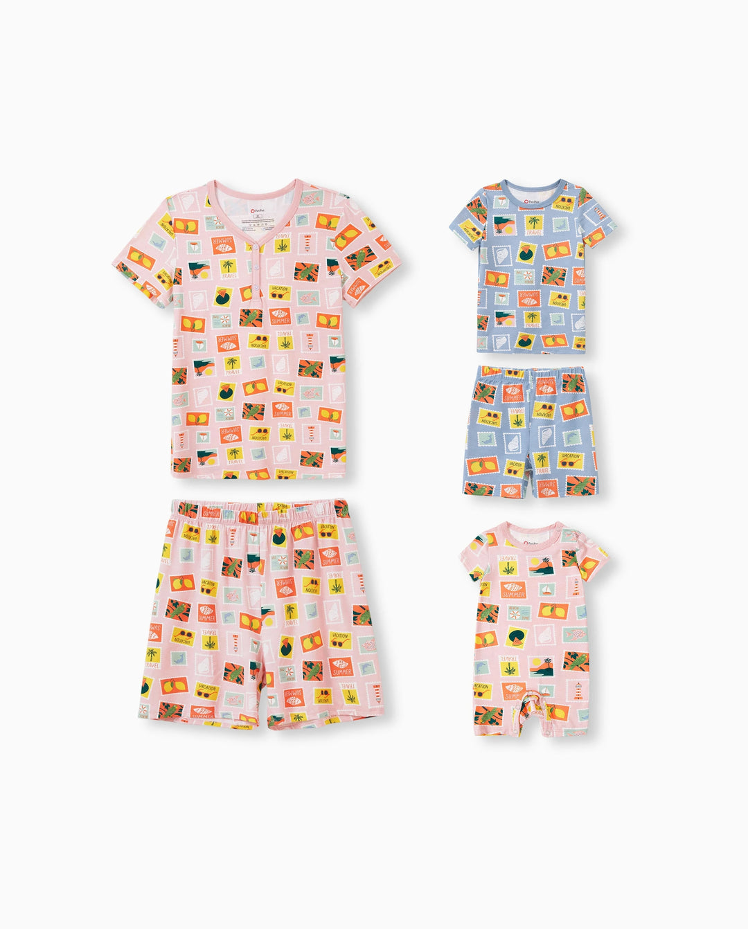 Pijamas familiares de bambú para mamá y niña con estampado de tema vacacional, pijama de manga corta a juego (ajustado para niños) Bloque de color