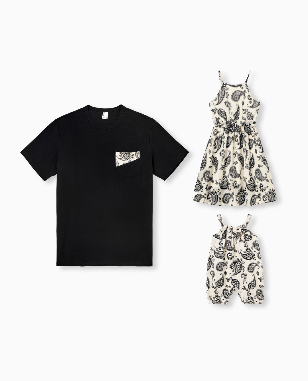 Papa & Tochter Paisley-Muster Outfits Ärmelloses Spaghetti-Träger Kleid & Baumwoll-T-Shirt für Mama, Papa & Kinder Perfekt für Familienausflüge & Fotos Schwarz