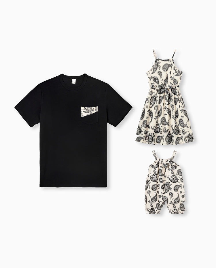 Papa & Tochter Paisley-Muster Outfits Ärmelloses Spaghetti-Träger Kleid & Baumwoll-T-Shirt für Mama, Papa & Kinder Perfekt für Familienausflüge & Fotos Schwarz