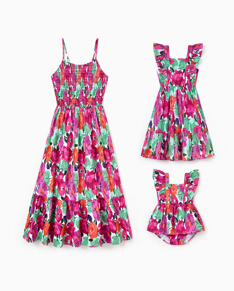 Mom & Me Matching Cotton Vacation Dresses Floral Smocked Dresses with Ruffle Straps for Summer Family Outings & Photos Multi-color