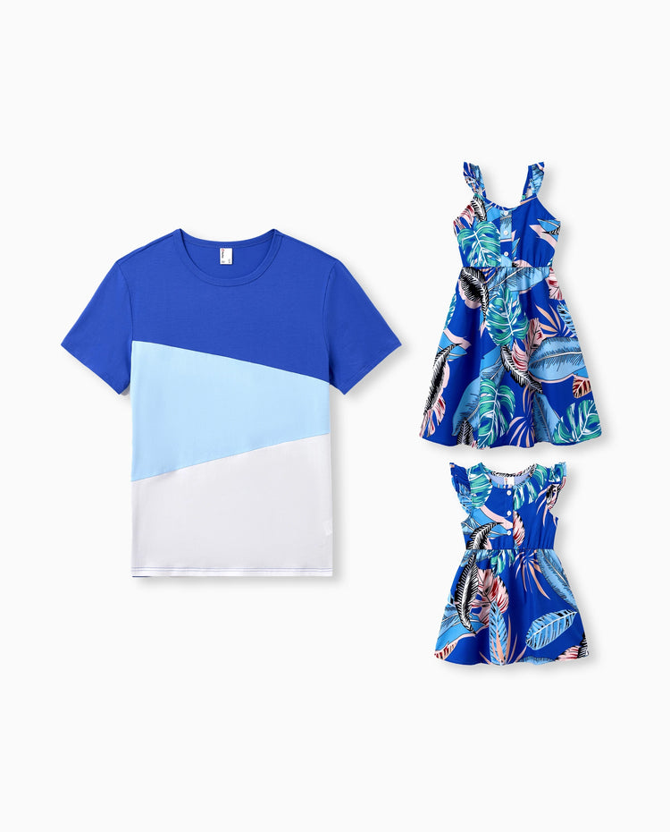 Ensemble robe & tee-shirt tropical Papa & Fille – Imprimé floral bleu pour Papa, Maman, filles & bébé, Parfait pour vacances d'été et photos de famille Bleu