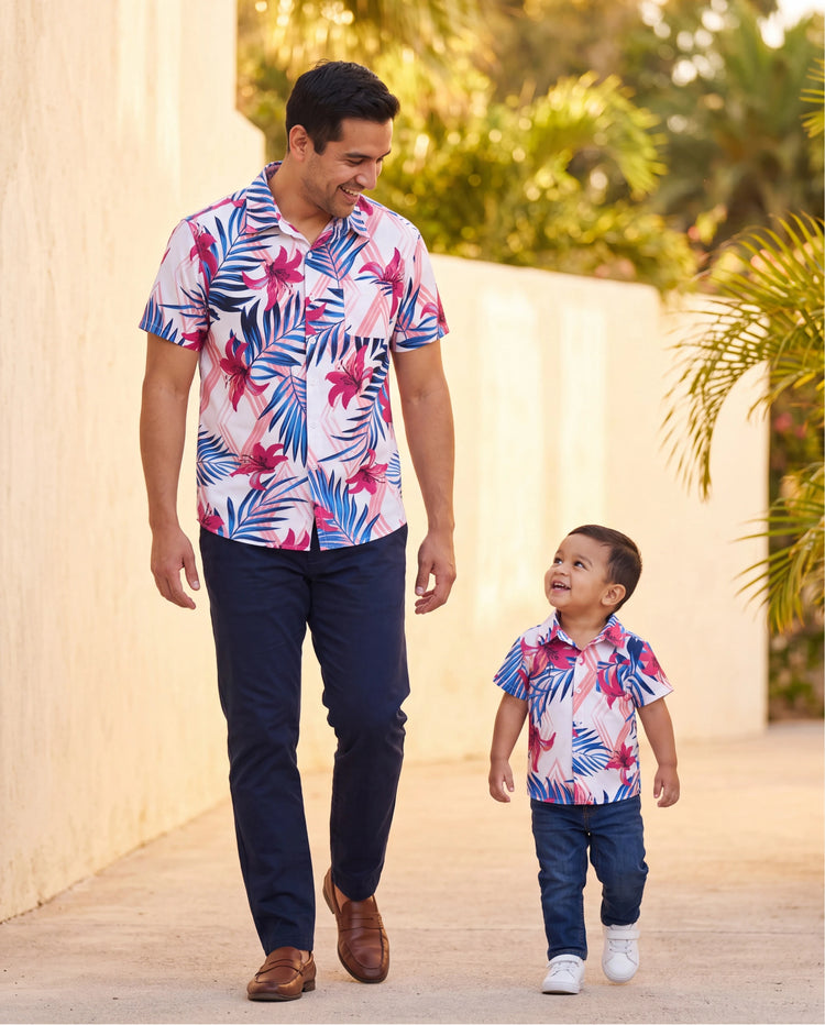 Daddy & Son Tropical Floral Outfits Pink Blue Leaf Print Short-sleeve Shirt Set for Vacation, Cruise, Beach White