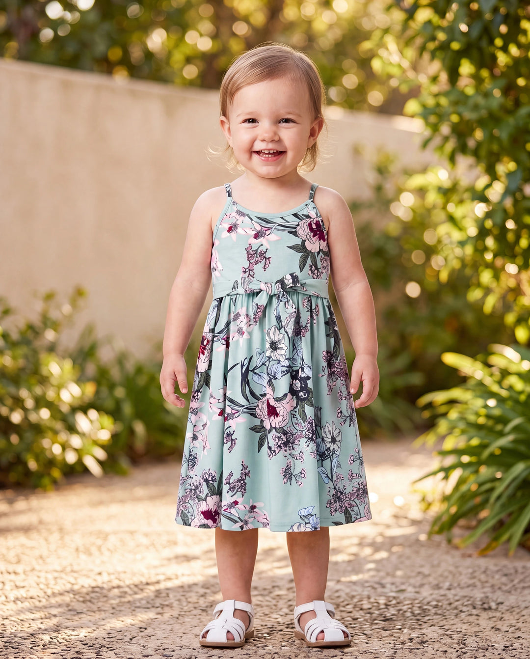 Toddler/Kid Girl Sets Flora Print Strap Belted Dress Light Green