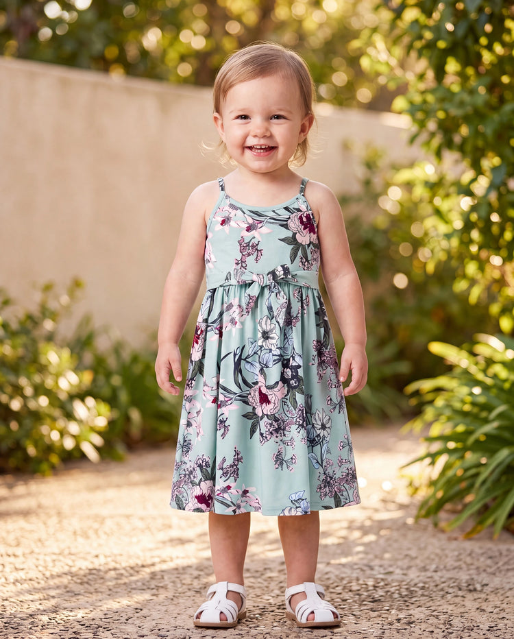 Toddler/Kid Girl Sets Flora Print Strap Belted Dress Light Green