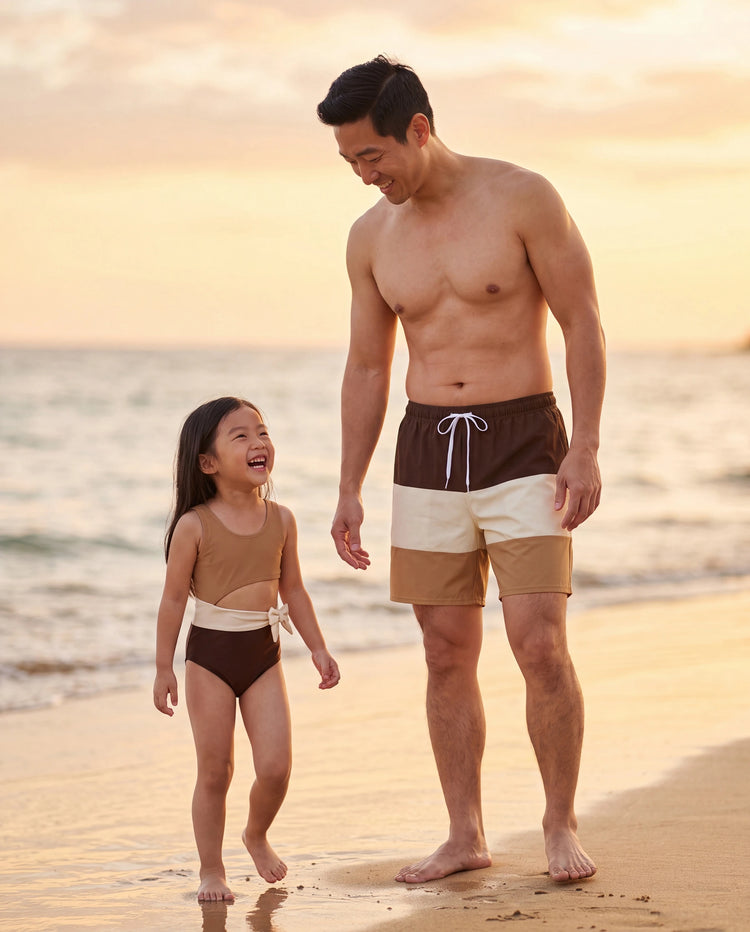 Daddy & Daughter Color Block Swimsuits Summer Beach Vacation Swimwear Coffee