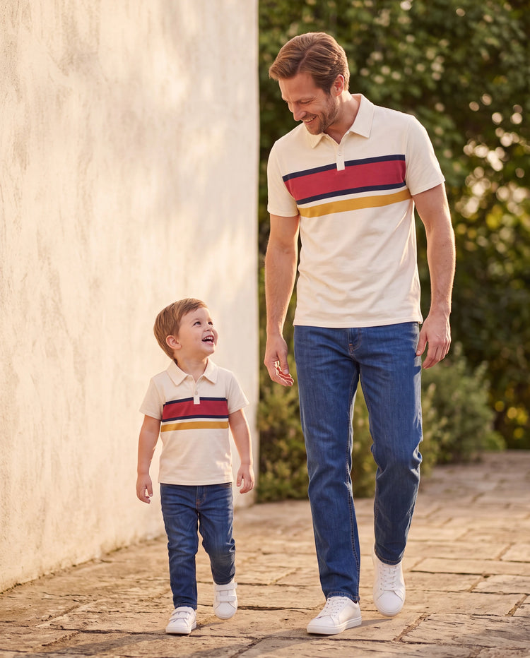Daddy & Son Casual Outfit Colorblock Polo Collar T-shirt or Floral Print Flutter Sleeveless Dress Set Orange red
