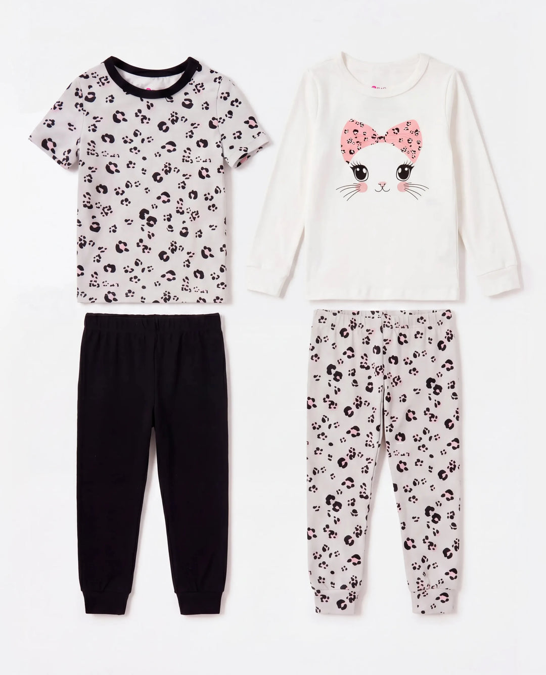Toddler / Kids 4-piece Organic Cotton Pajamas 4-in 1 Snug fit PaJama Set for Girls White