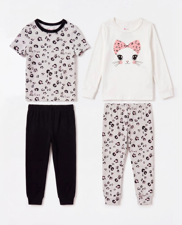 Toddler / Kids 4-piece Organic Cotton Pajamas 4-in 1 Snug fit PaJama Set for Girls White