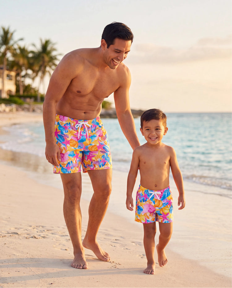 Papa & Sohn Muschel- & Seestern-Print Badeanzüge Raffung Einteiler & Badeshorts Set Mehrfarbig