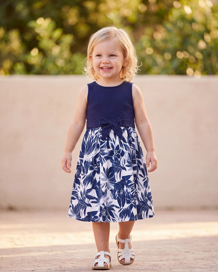 Toddler/Kid Girl Flora Print Splicing Tank Dress Deep Blue