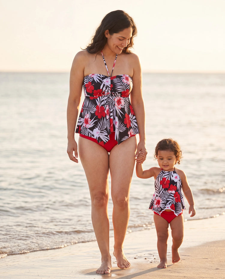 Maman et moi Maillot de bain deux-pièces dos-nu imprimé floral tropical Noir