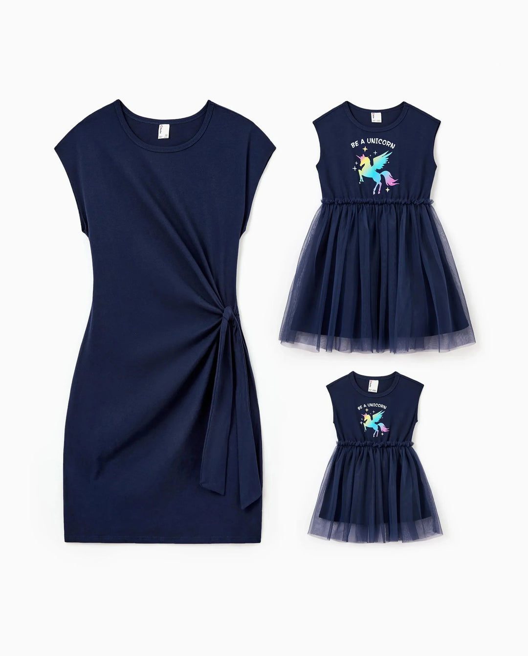 Passende Baumwollkleider für Mama & Ich mit Einhorn-Print und Tüllrock für Mädchen, geknotetes Kleid für Mama, perfekt für Familienausflüge und Fotos, Dunkelblau