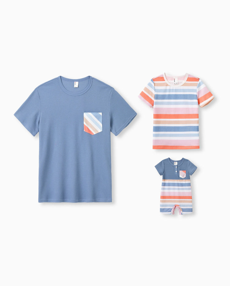 Daddy and Me Family Matching Blue Short-sleeve Tee or Colorful Stripe Camisole Dress Multi-color