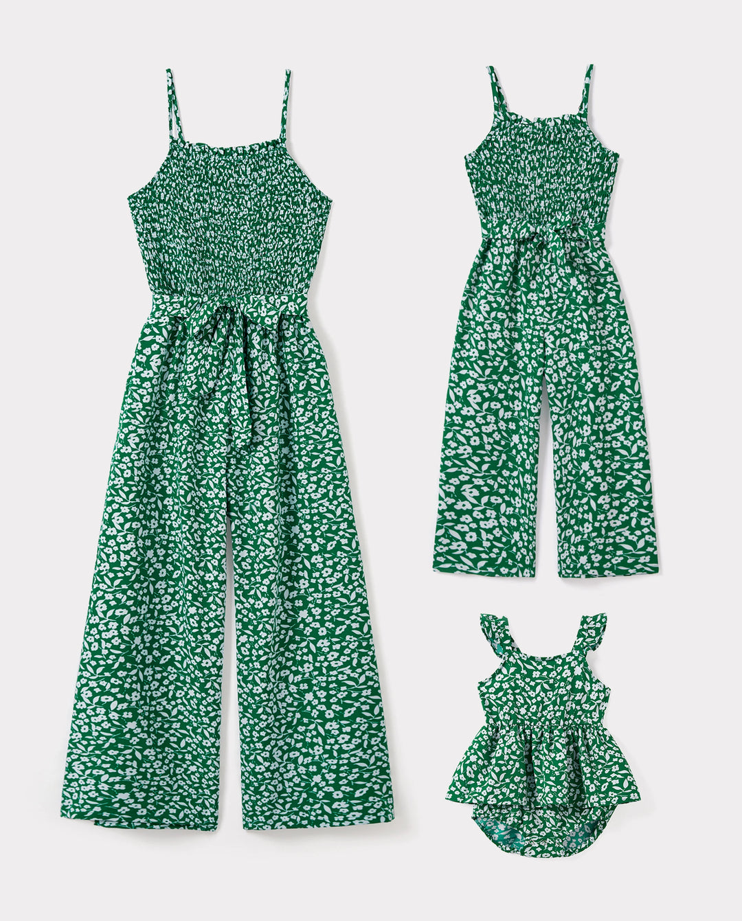Matching Floral Print Green Smocked Strap Jumpsuits for Mommy and Me Green