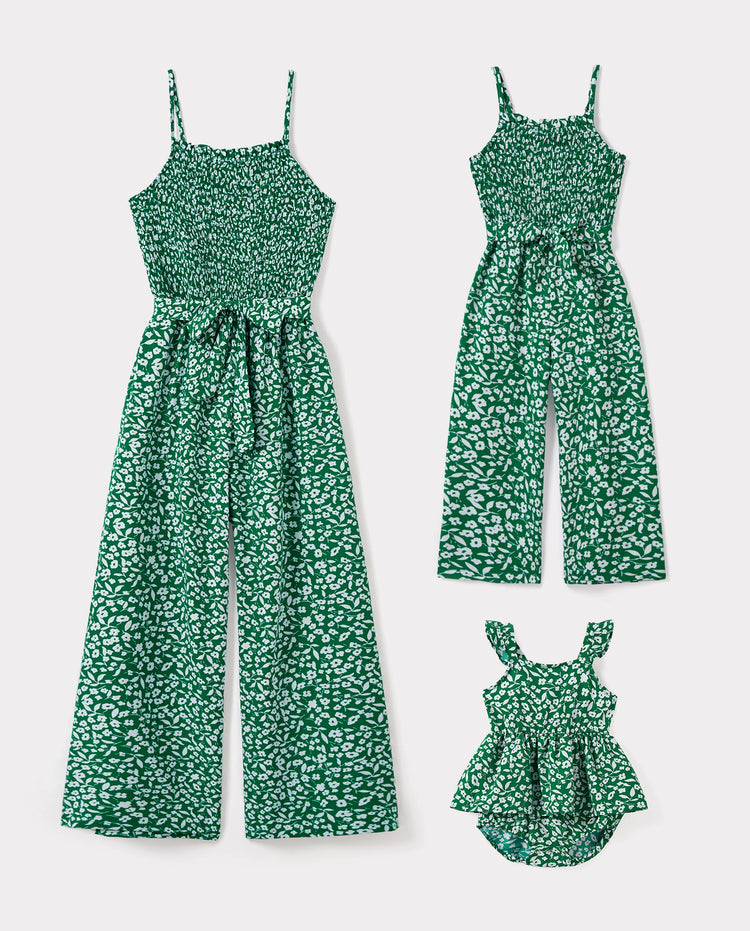 Matching Floral Print Green Smocked Strap Jumpsuits for Mommy and Me Green