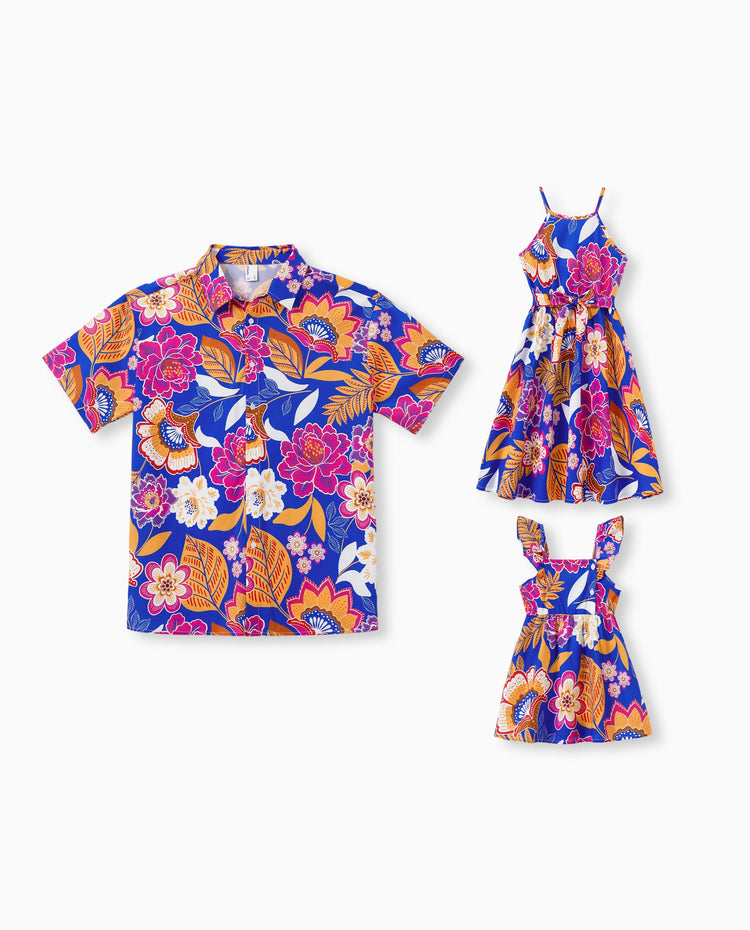 Tenues hawaïennes Papa & Fille Vêtements de vacances à imprimé floral tropical Robe à bretelles avec ceinture ou chemises à manches courtes Ensemble plage d'été Marine