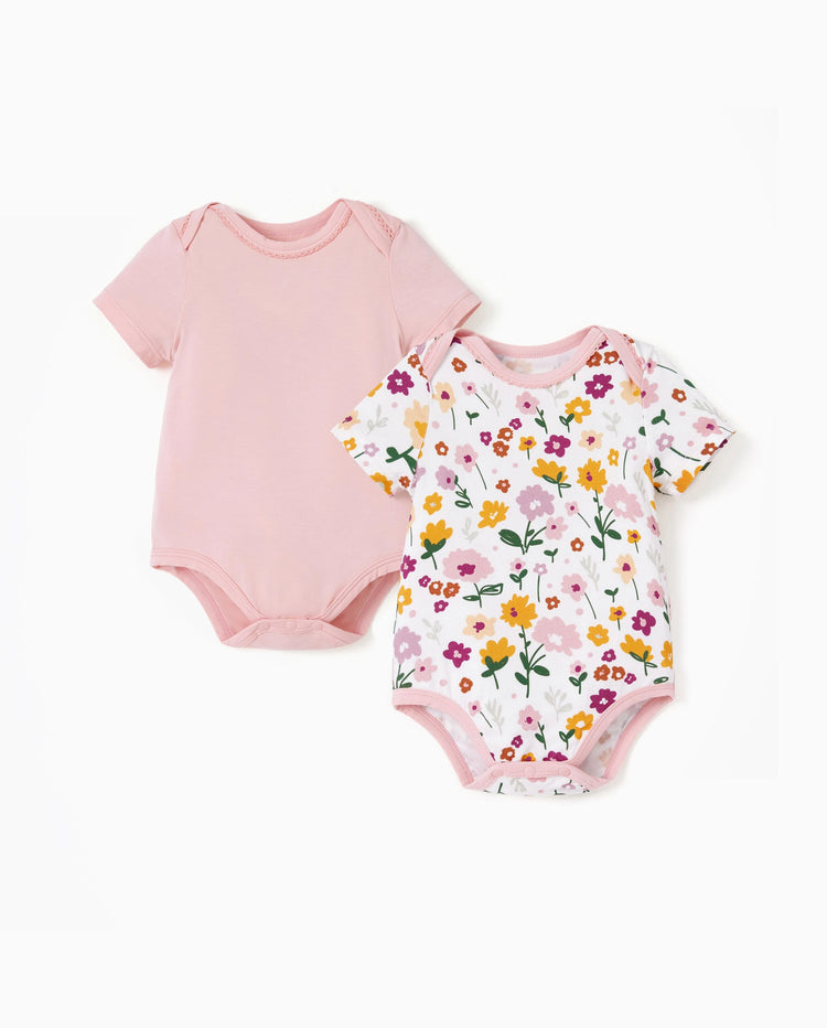 Bamboo Baby Boy/Girl 2-Pack Solid&Printed Rompers Set Pink