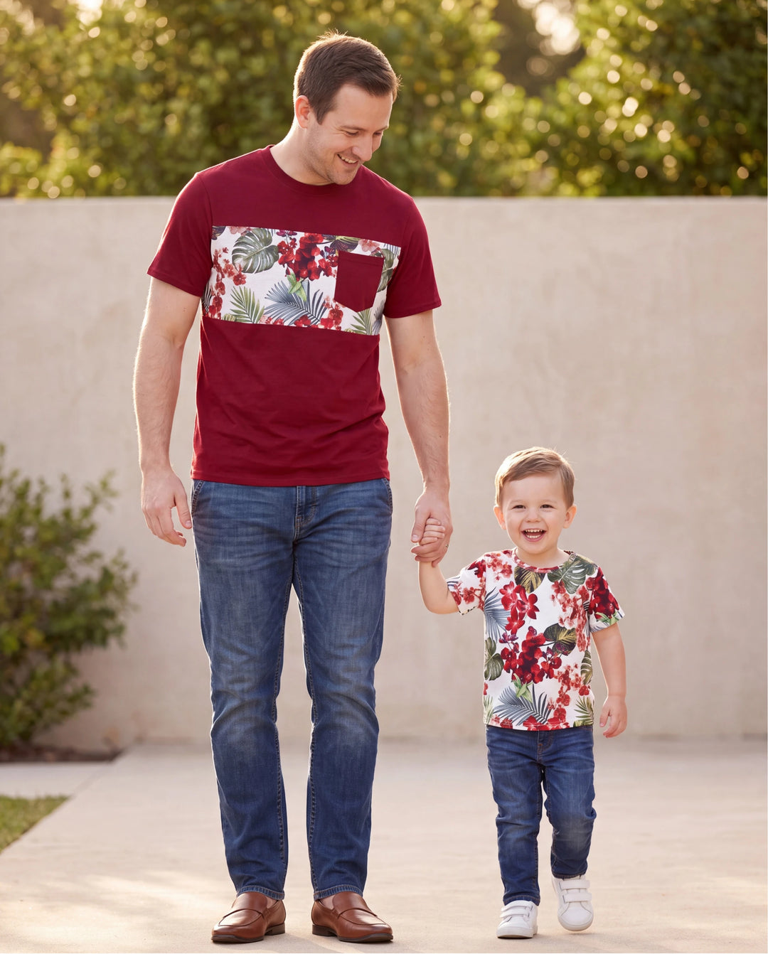 Daddy & Son Floral Print Outfits Tropical Print Spaghetti Strap Body-con Dress for Mom & Daughter, Color-Blocked T-Shirts for Dad & Son Perfect for Summer Vacations & Family Photos Red