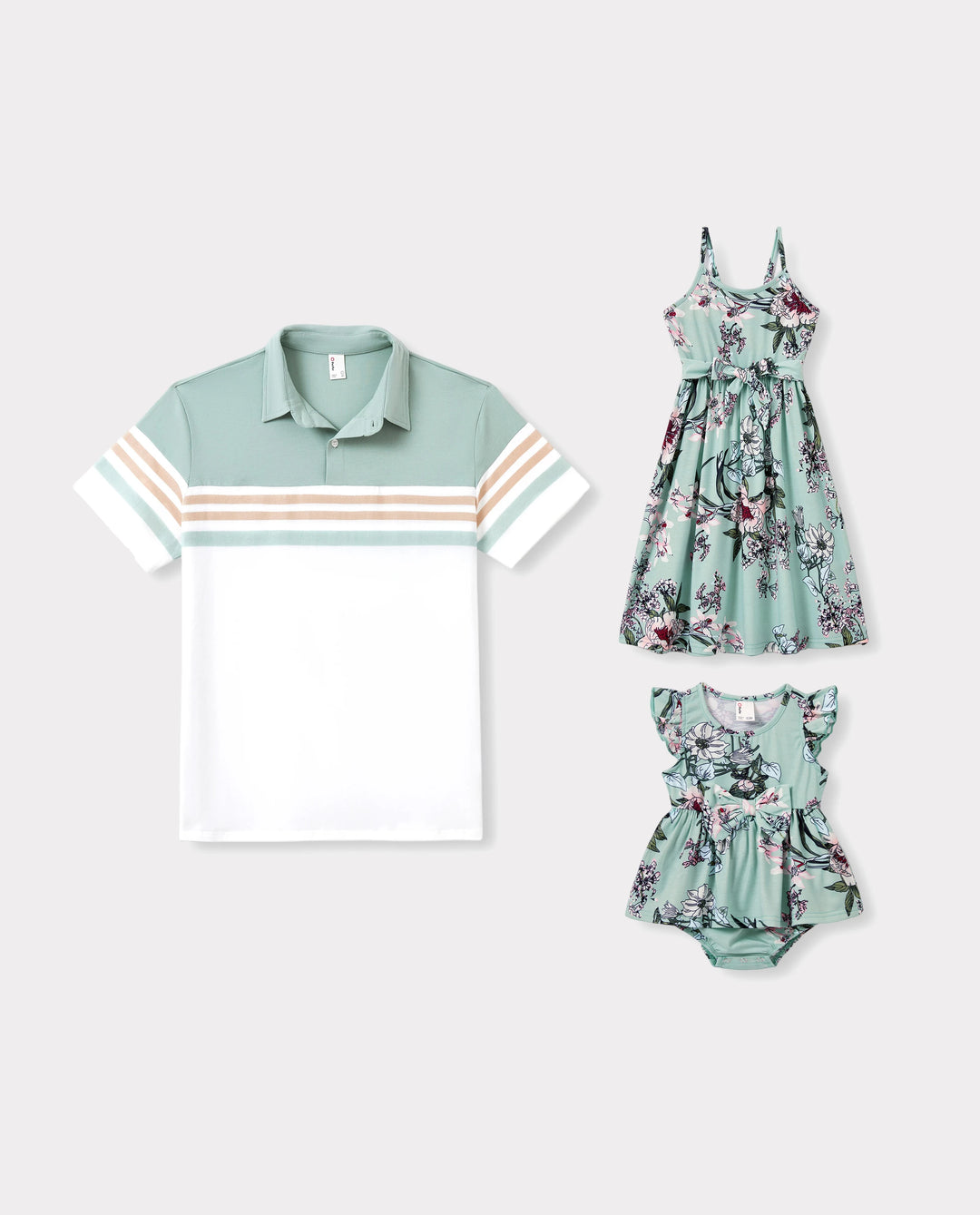 Daddy & Daughter Sets Green Striped Polo Shirt or Flora Print Strap Belted Dress Light Green