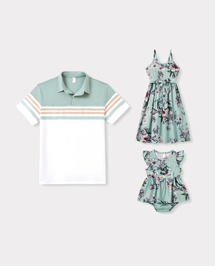 Daddy & Daughter Sets Green Striped Polo Shirt or Flora Print Strap Belted Dress Light Green