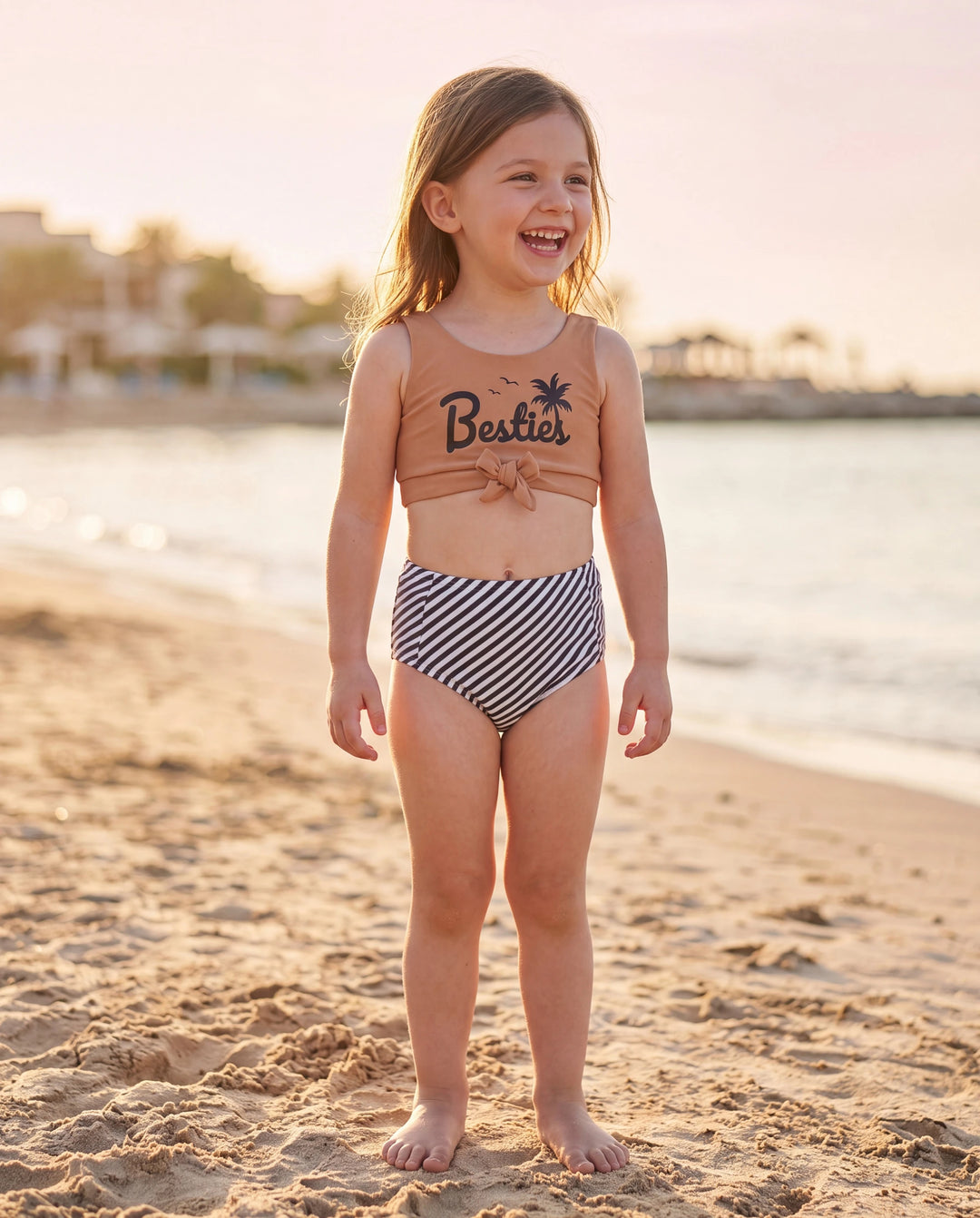 Bikini crop top con tirantes y cordón para niña pequeña con rayas verticales y estampado Besties caqui