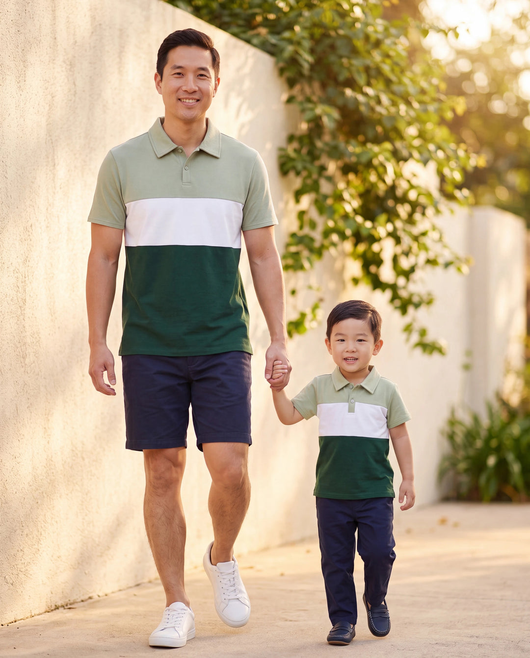 Daddy & Son Outfits Tropical Floral Print Strap Dress or Short-sleeve Colorblock Shirts Set Pale Green