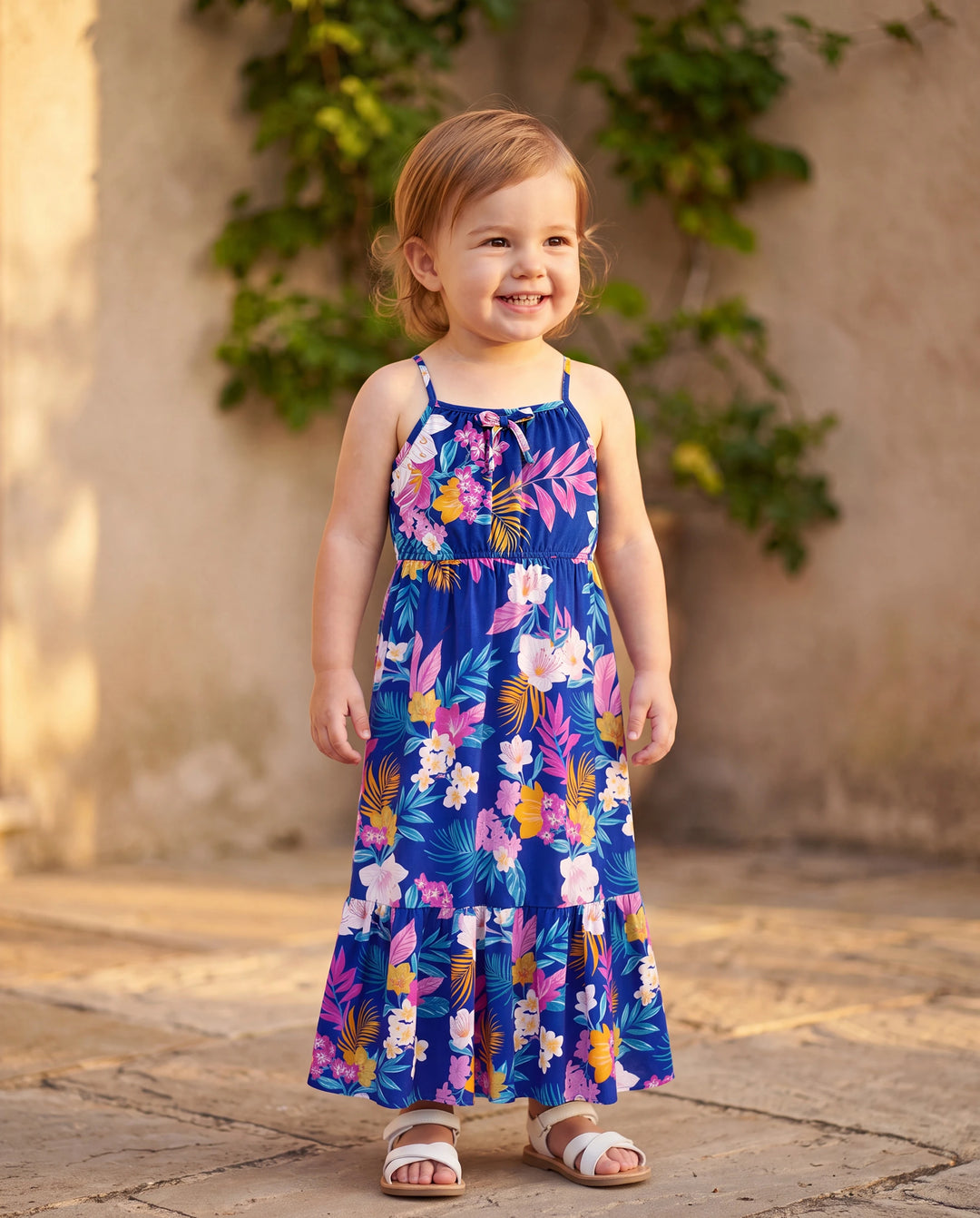 Tenues hawaïennes pour petite fille/enfant Robe à bretelles imprimé floral tropical pour les vacances Bleu profond