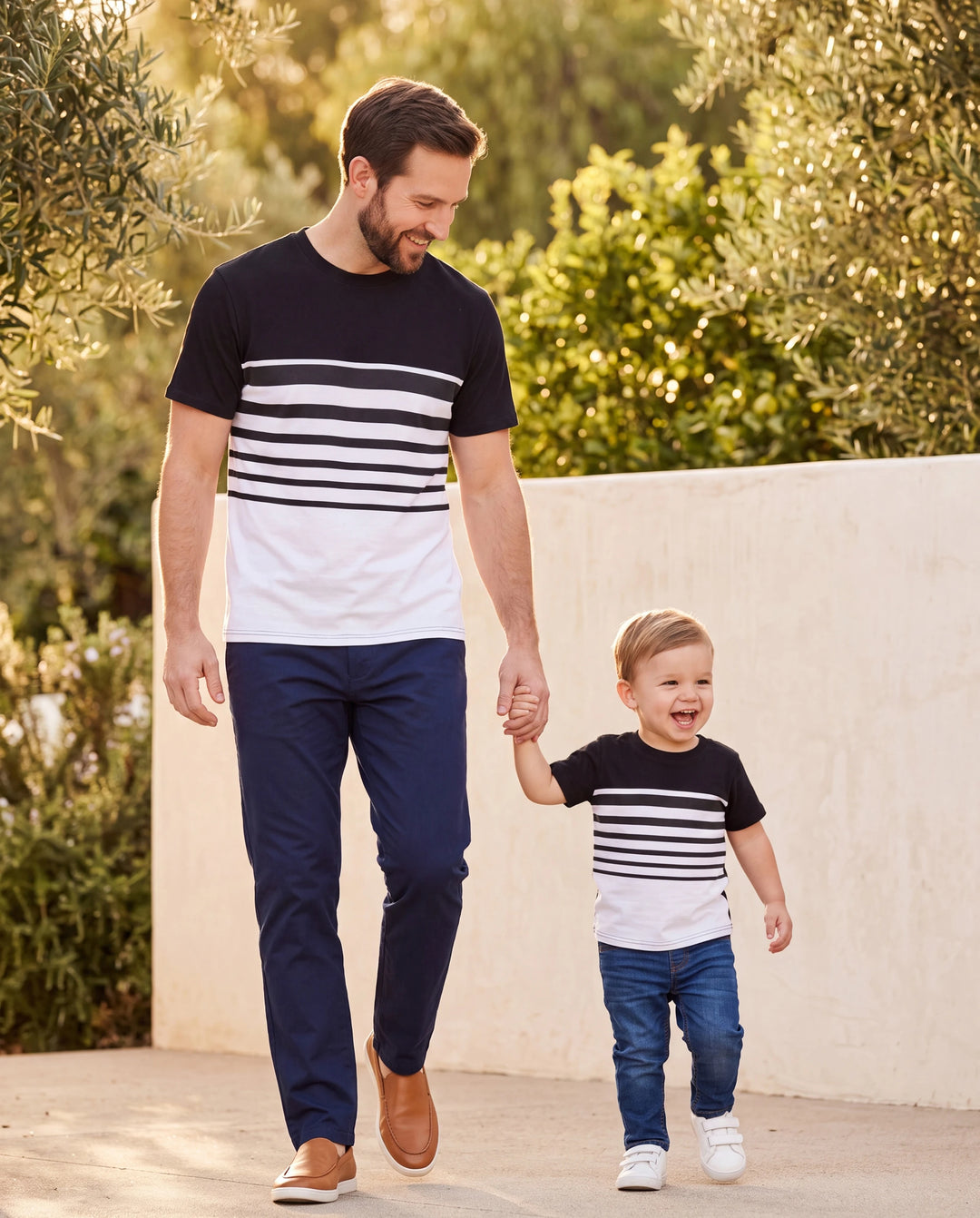 Ensemble coton t-shirt rayé noir et blanc Papa & Fils Noir+Blanc