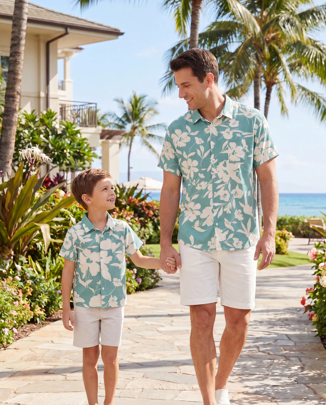 Daddy & Son Leaf Print Green Short-sleeve Shirt Set Green