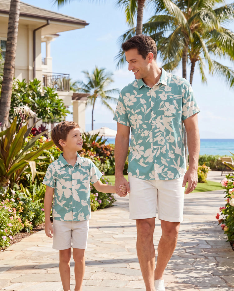 Daddy & Son Leaf Print Green Short-sleeve Shirt Set Green