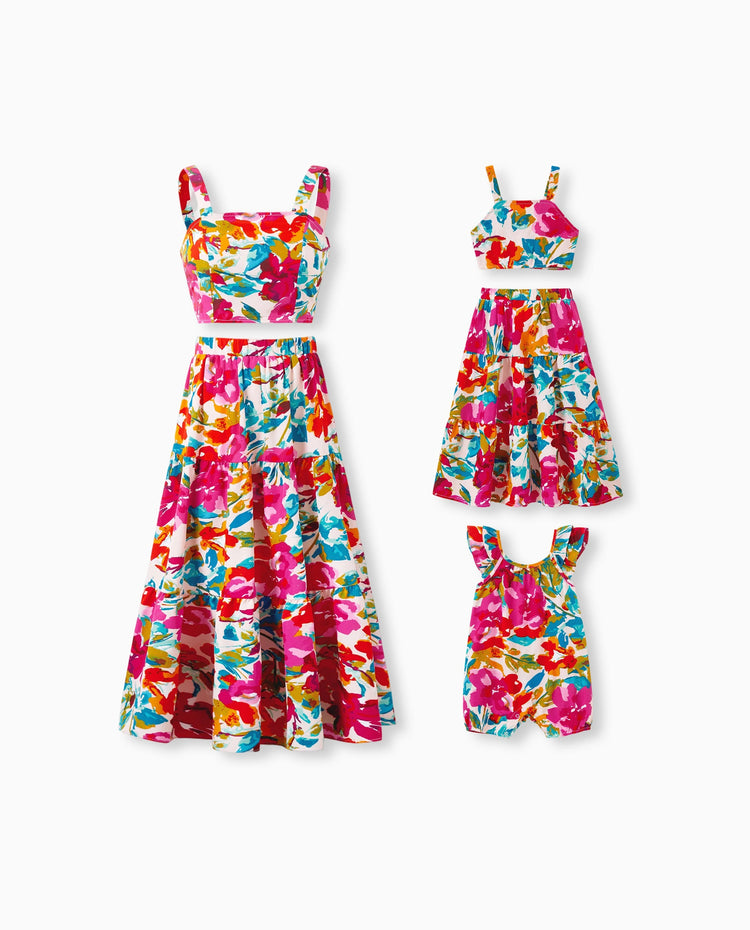 Colorful Mommy & me Outfits Sleeveless Strap Top and Skirt Co-ord Set & Shirt Sets Summer Vacation Clothe for Beach, Photoshoots, Travel Hot Pink