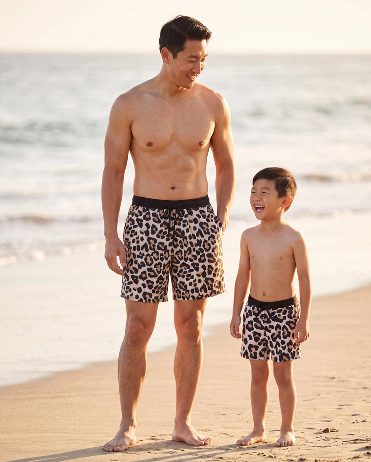 Daddy & Son Leopard Pattern Drawstring Swim Trunks Black