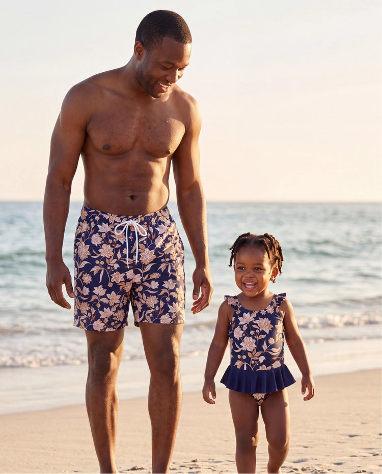 Daddy & Daughter Floral Print Swimsuits 2-in-1 One-Piece Swimsuit & Swim Trunks Deep Blue