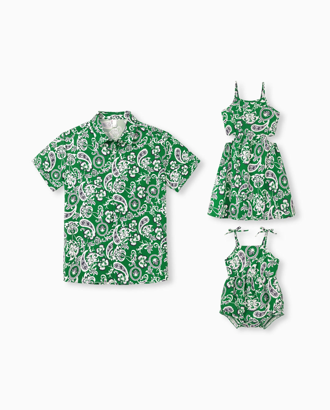 Daddy & Daughter Outfits Set Floral Print Short-sleeve Collar Shirt or Strappy Smocked  Dress for Summer Vacation Green
