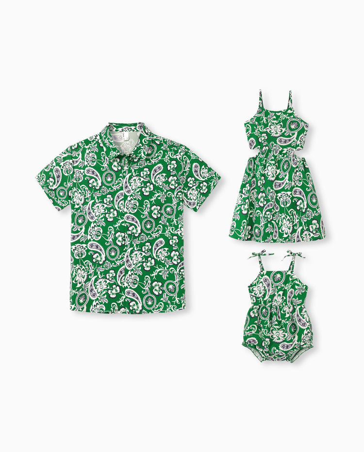 Daddy & Daughter Outfits Set Floral Print Short-sleeve Collar Shirt or Strappy Smocked  Dress for Summer Vacation Green