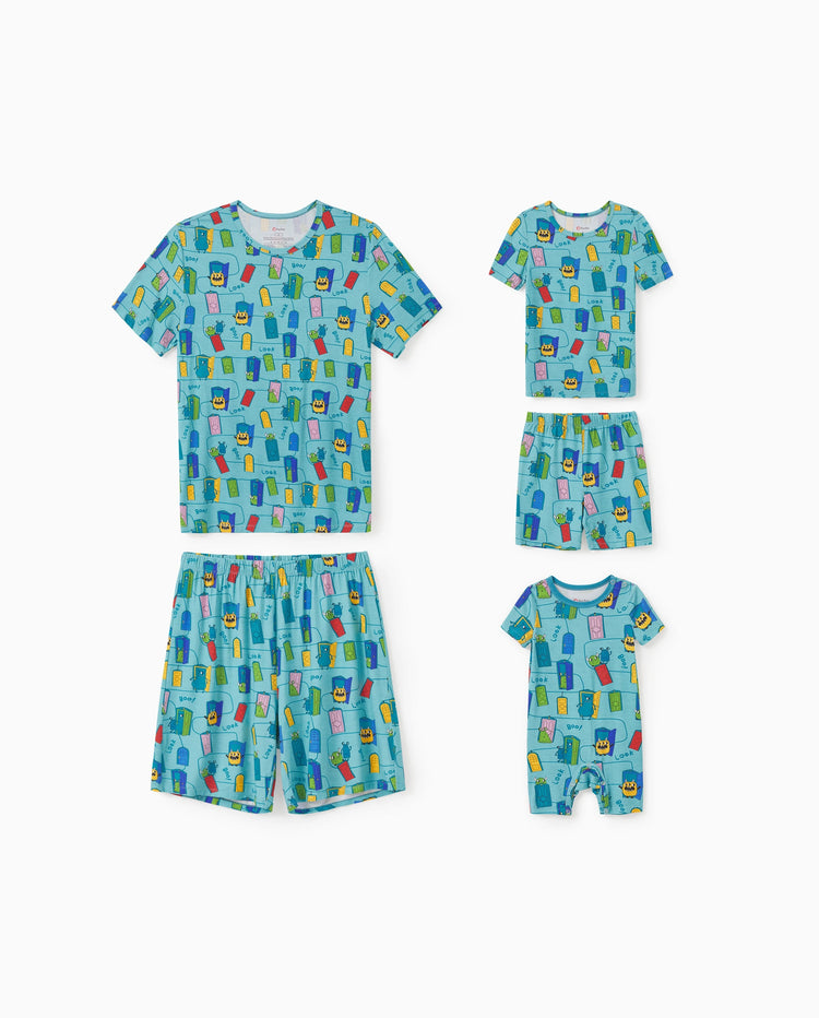 Mommy & me Bamboo Family Pajamas Cartoon Print Short-sleeve Matching Pajama set ( Snug-Fitting for Children ) Green