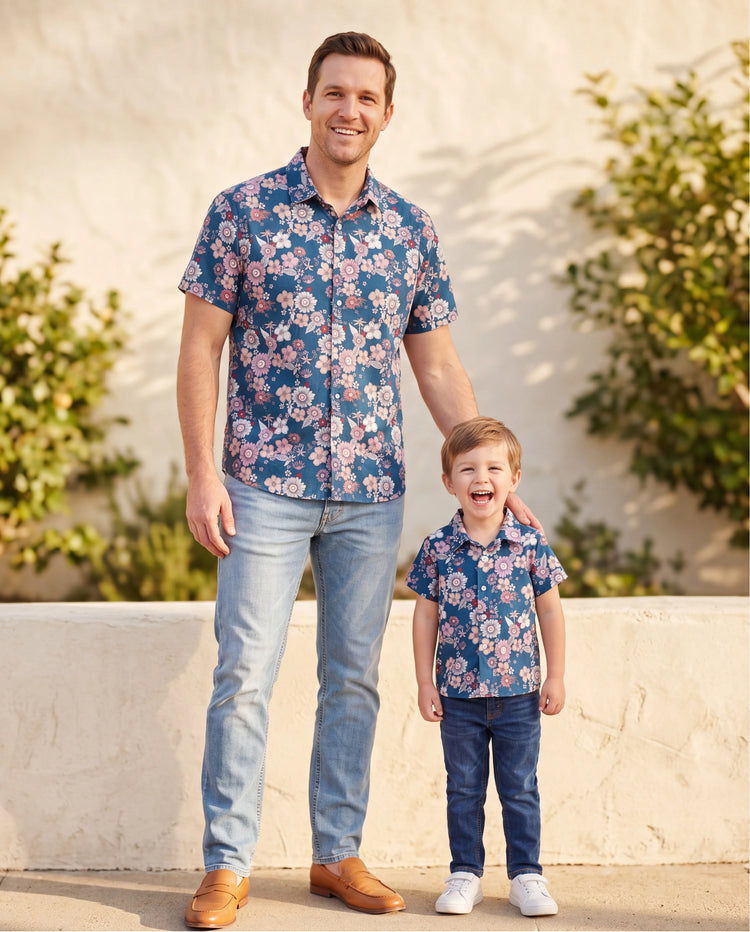 Daddy & Son outfits Floral Allover Print Short-sleeve Collar Shirt or Halter Sleeveless Dress for Summer Vacation CYAN-
