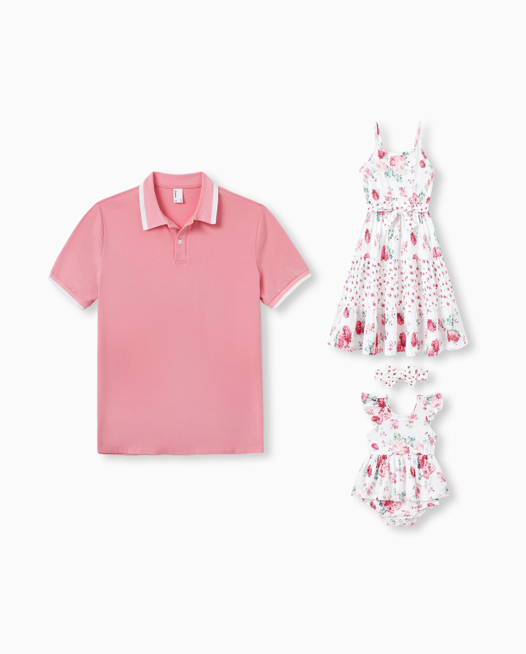 Daddy & Daughter Outfits Set Solid Color Short-sleeve Polo Collar Shirt or Flower Print Hollow out Dress Pink