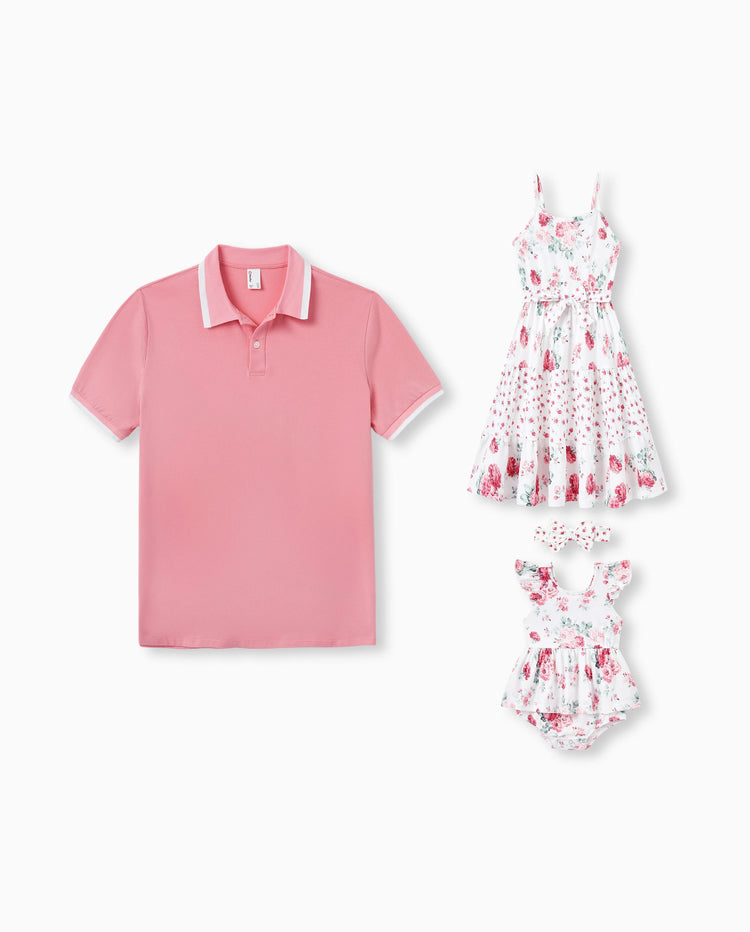 Daddy & Daughter Outfits Set Solid Color Short-sleeve Polo Collar Shirt or Flower Print Hollow out Dress Pink