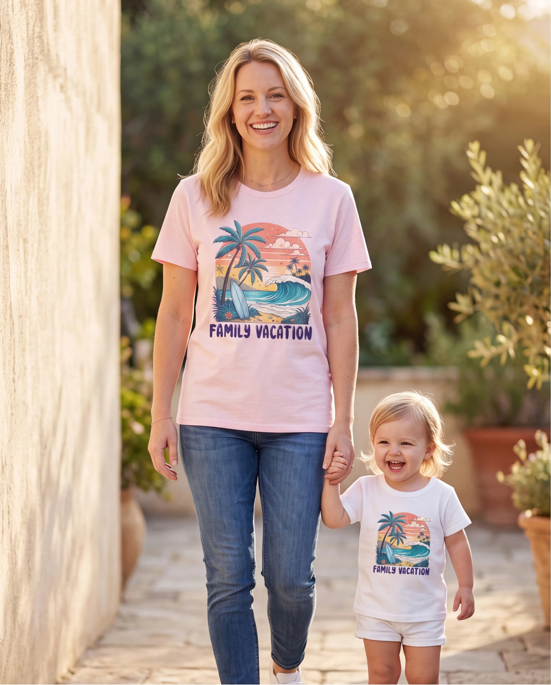 Mommy & me "Family Vacation" Graphic Cotton Tees Tropical Surf Print T-Shirt Multi-color