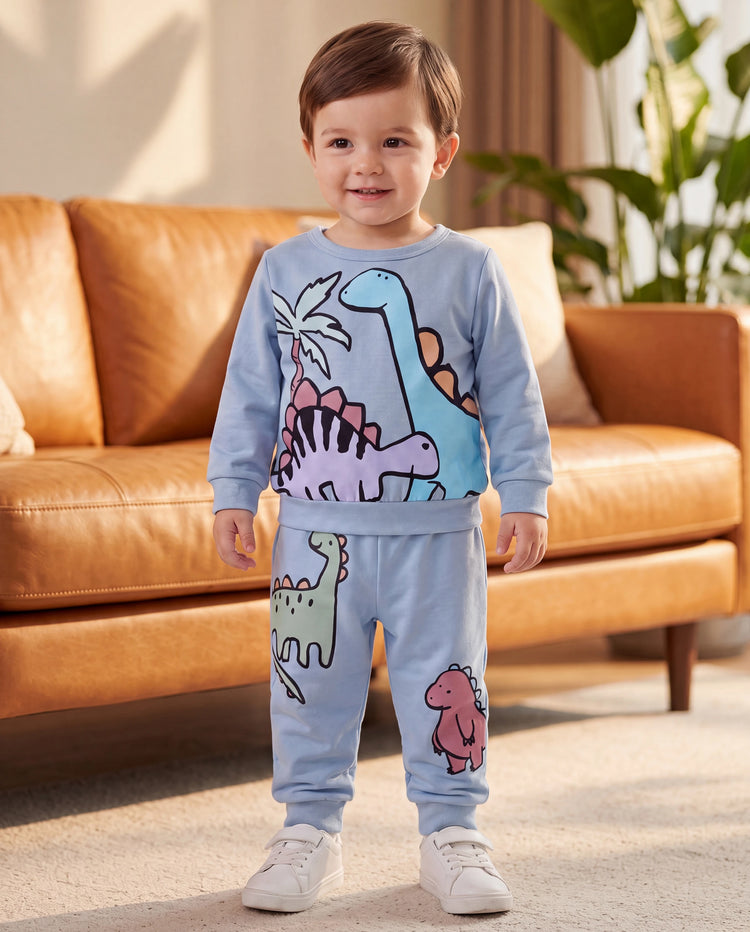 Baby Boy Clothes 2pcs Dinosaur/ Vehicle Print Sweatshirt and Pants Set Blue grey