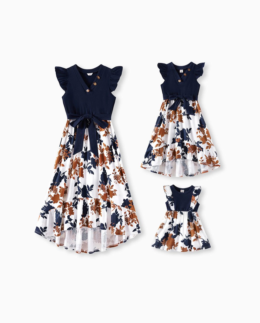 Mommy and Me Family Matching Casual Dress Solid Color, Fabric Stitching royalblue