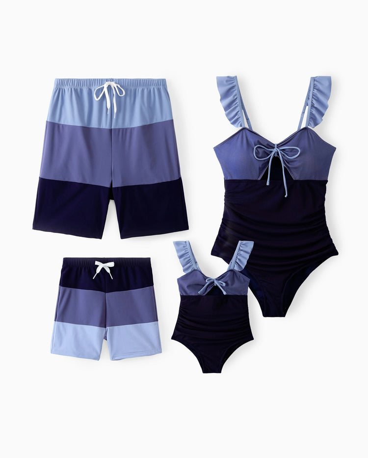 Traje de baño familiar a juego con cordón ajustable o traje de baño de una pieza con volantes, malla recortada y lazo fruncido (secado rápido) multicolor