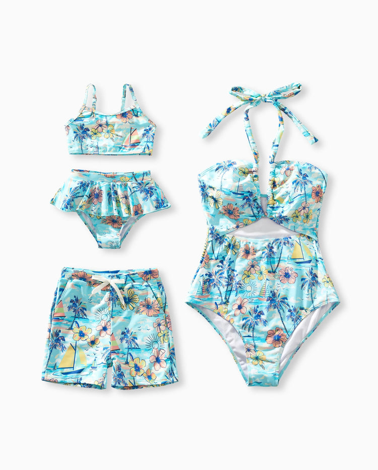 Mommy & me Swimwear Tropical Print, Mommy Tie-front Cutout One-piece Swimsuit, Girl two-piece Swimsuit Daddy & Son Swim Trunks Set for Summer Beach Vacation Light Blue