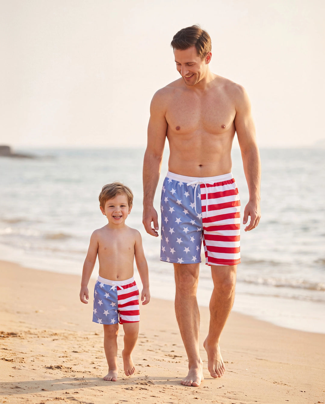 Independence Day 4th of July Daddy & Son Patriotic Swimwear Stars and Stripes Board Shorts Blue