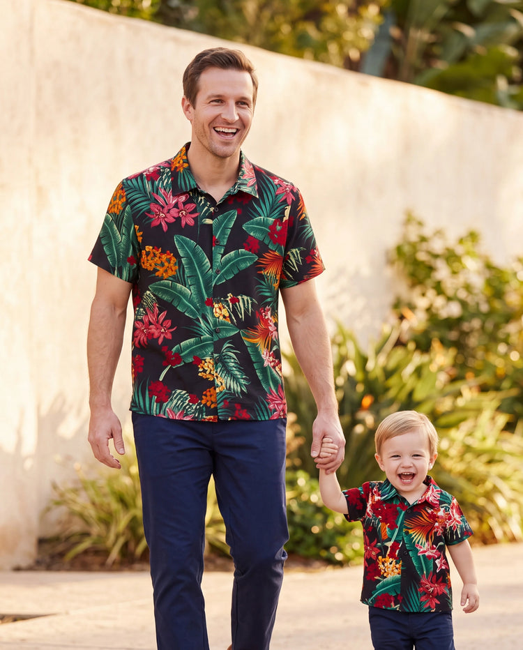Conjuntos familiares a juego para papá y yo Vestidos halter con estampado floral de plantas por completo y conjuntos de camisas de manga corta Negro